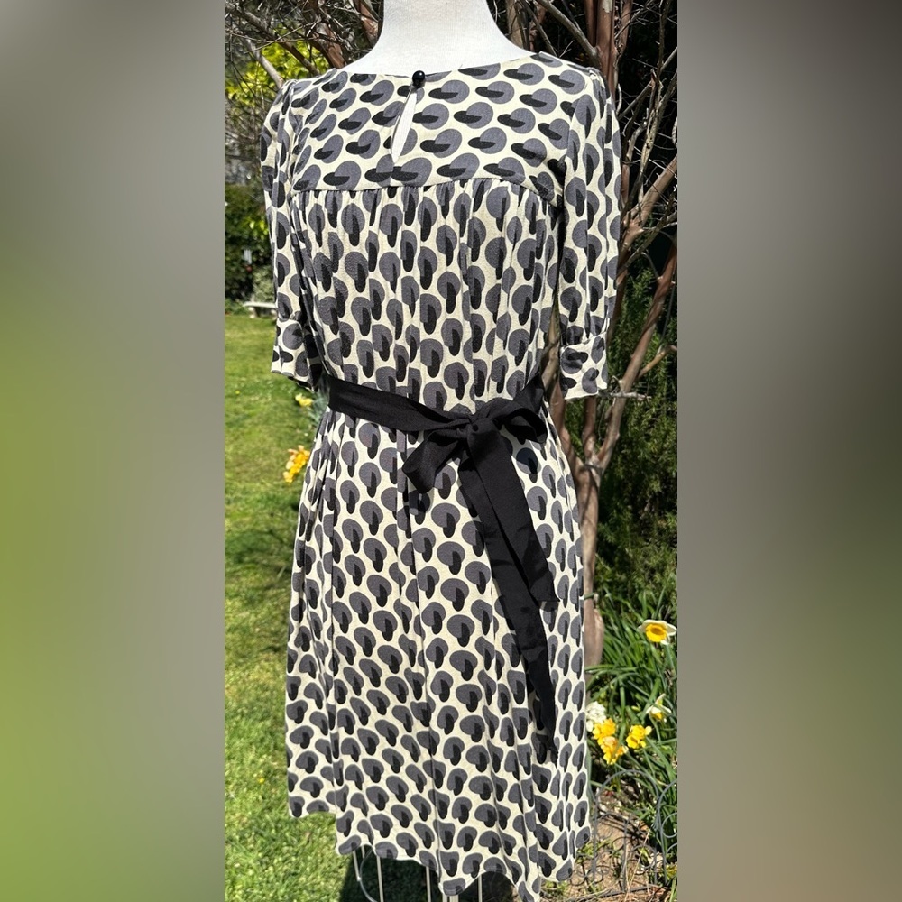 Milly of New York Black and Cream Teardrop Midi Dress with Sash